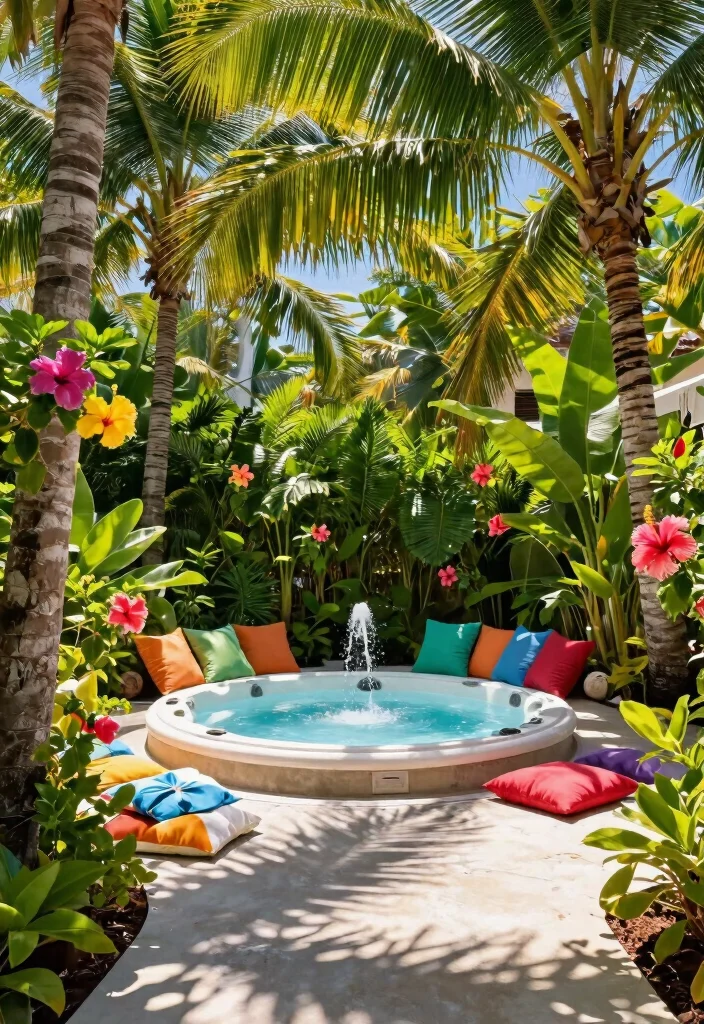 8 Practical Hot Tub Concepts for Concrete Backyard Patios 5. Tropical Escape Hot Tub 0