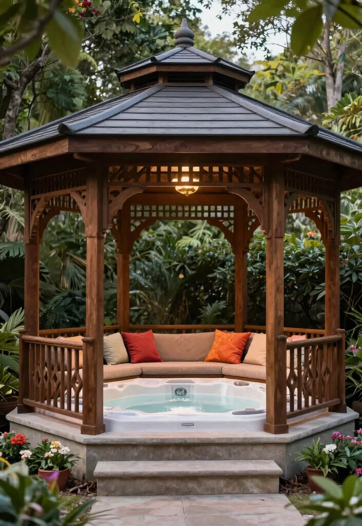 8 Shielding Hot Tub Canopy Ideas for Sun & Rain 23 8 Shielding Hot Tub Canopy Ideas for Sun Rain 3. Elegant Gazebo 0