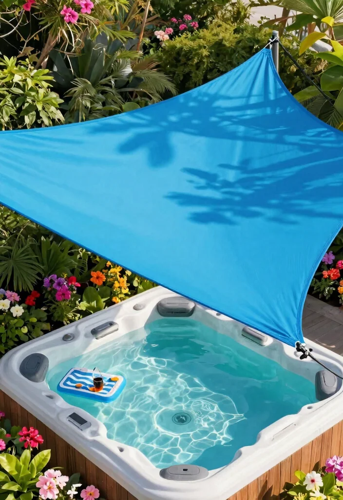 8 Shielding Hot Tub Canopy Ideas for Sun & Rain 35 8 Shielding Hot Tub Canopy Ideas for Sun Rain 5. Fabric Shade Sail 0