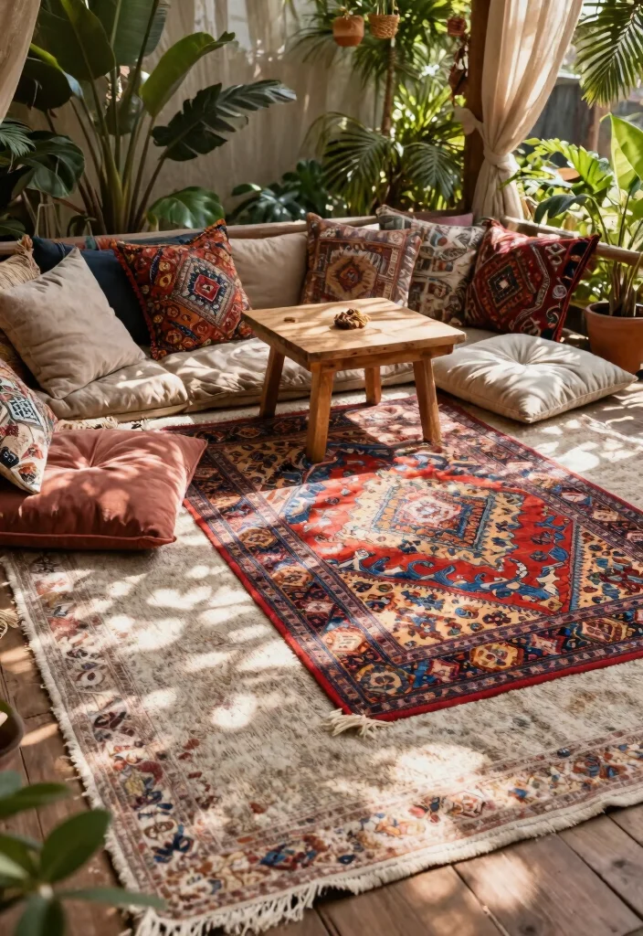 9 Chic Boho Gazebo Ideas for a Relaxed Zen Vibe 5. Colorful Textured Rugs 0