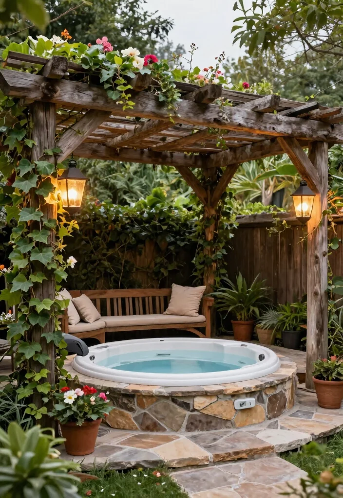 9 Chic Hot Tub Pergola Ideas with Built in Privacy Walls 2. Rustic Charm with Wooden Beams 0
