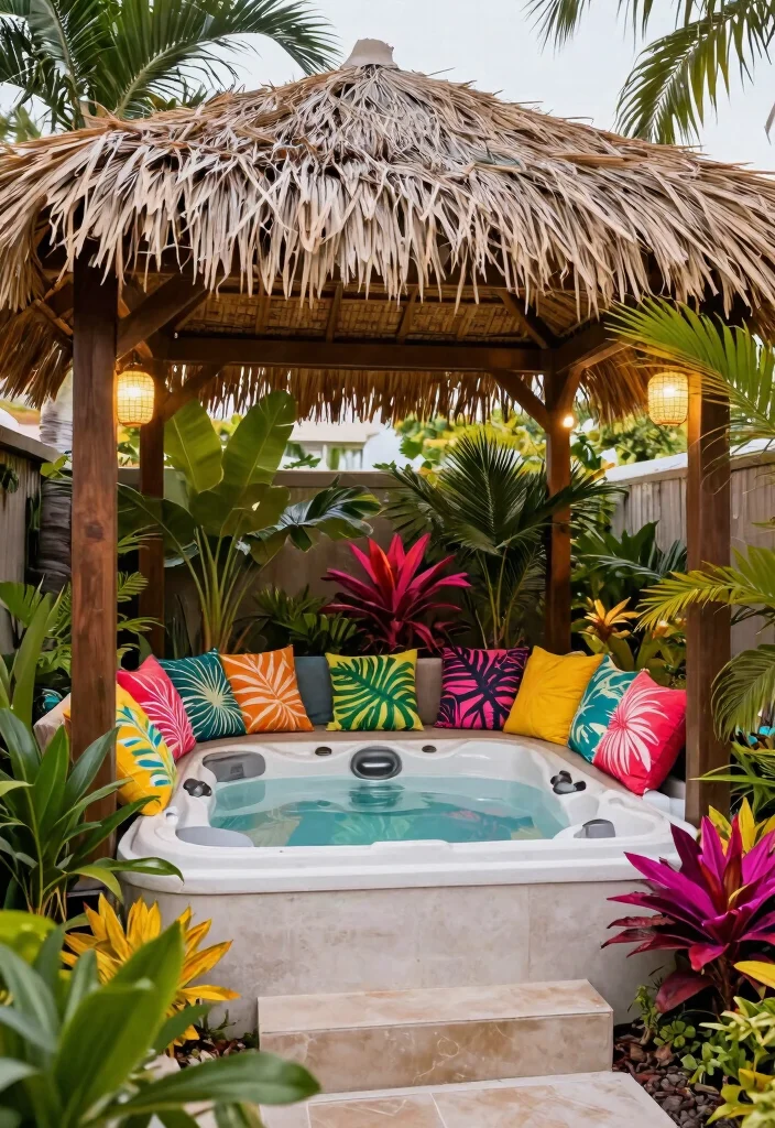 9 Chic Hot Tub Pergola Ideas with Built in Privacy Walls 3. Tropical Oasis with Palapa Style 0