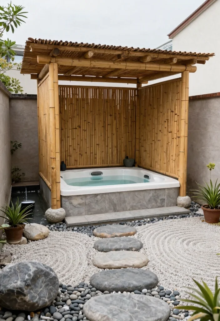9 Chic Hot Tub Pergola Ideas with Built in Privacy Walls 4. Contemporary Zen Retreat 0
