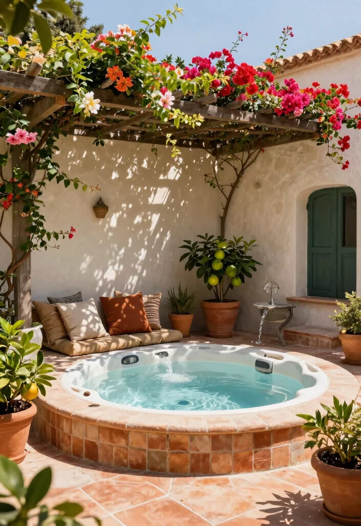 9 Chic Hot Tub Pergola Ideas with Built in Privacy Walls 5. Mediterranean Escape with Trellis 0