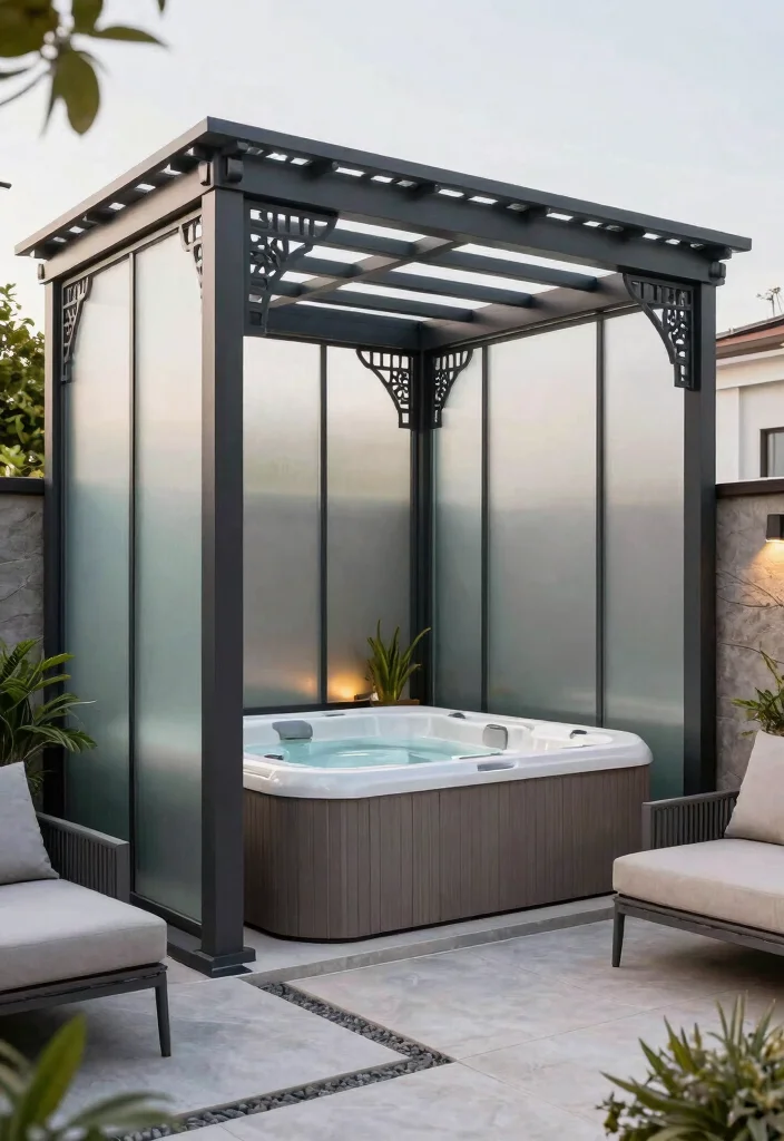 9 Chic Hot Tub Pergola Ideas with Built in Privacy Walls 6. Chic Privacy Screens 0