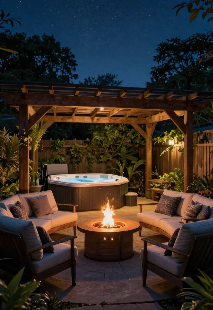 9 Chic Hot Tub Pergola Ideas with Built in Privacy Walls 7. Cozy Firepit Integration 0