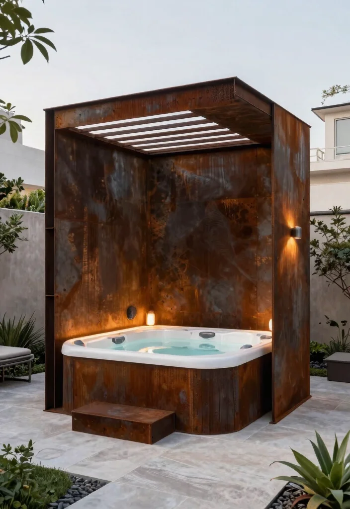 9 Chic Hot Tub Pergola Ideas with Built in Privacy Walls 8. Artistic Sculptural Structures 0