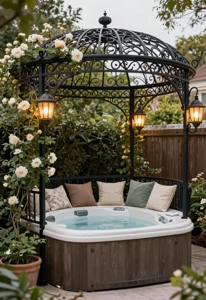 9 Chic Hot Tub Pergola Ideas with Built in Privacy Walls 9. Vintage Charm with Ironwork 0