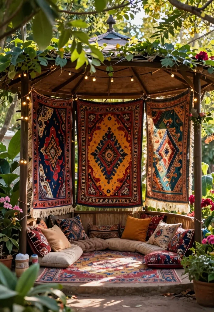 9 Colorful Bohemian Gazebo Ideas for Artistic Backyards 1. Tapestry Laden Retreat 0