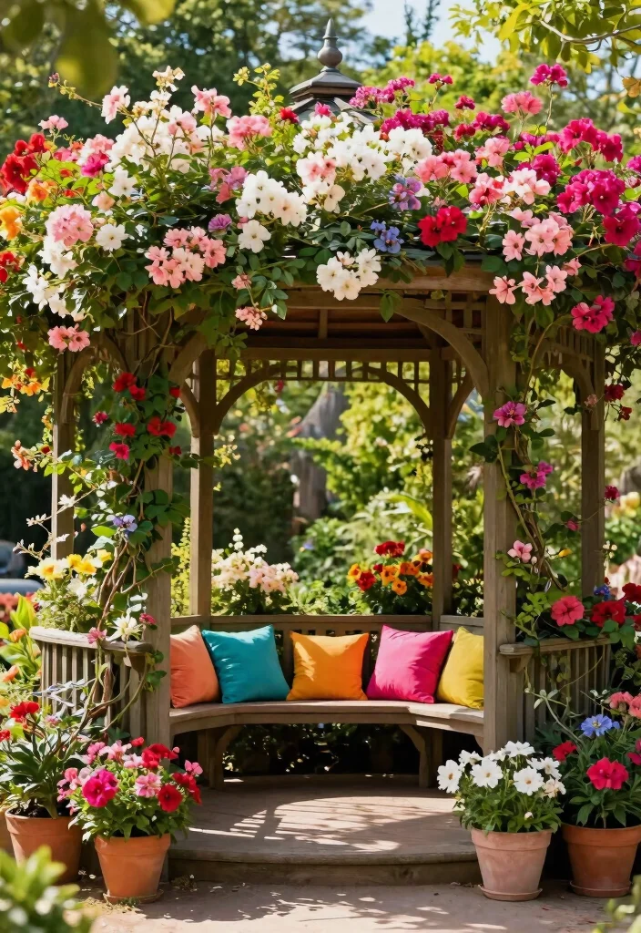 9 Colorful Bohemian Gazebo Ideas for Artistic Backyards 2. Vibrant Floral Canopy 0