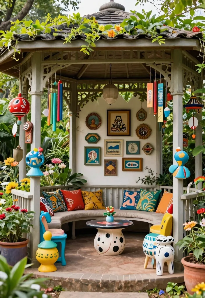 9 Colorful Bohemian Gazebo Ideas for Artistic Backyards 7. Creative Garden Art 0