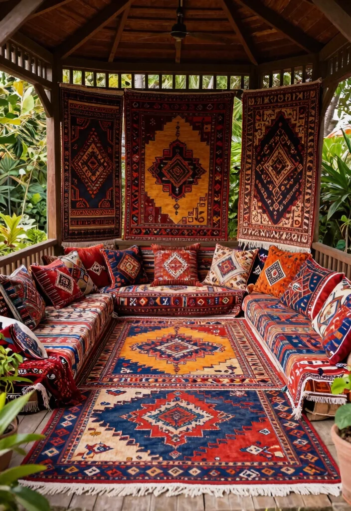 9 Colorful Bohemian Gazebo Ideas for Artistic Backyards 9. Colorful Outdoor Rugs 0