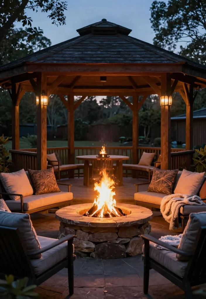 9 Cozy 10x10 Gazebo Decorating Ideas for Small Yards 8. Cozy Fire Pit Integration 0