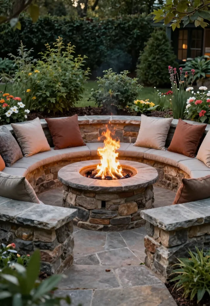 9 Cozy Country Fire Pit Ideas for a Farmhouse Backyard 5. Fire Pit with Built in Seating 0