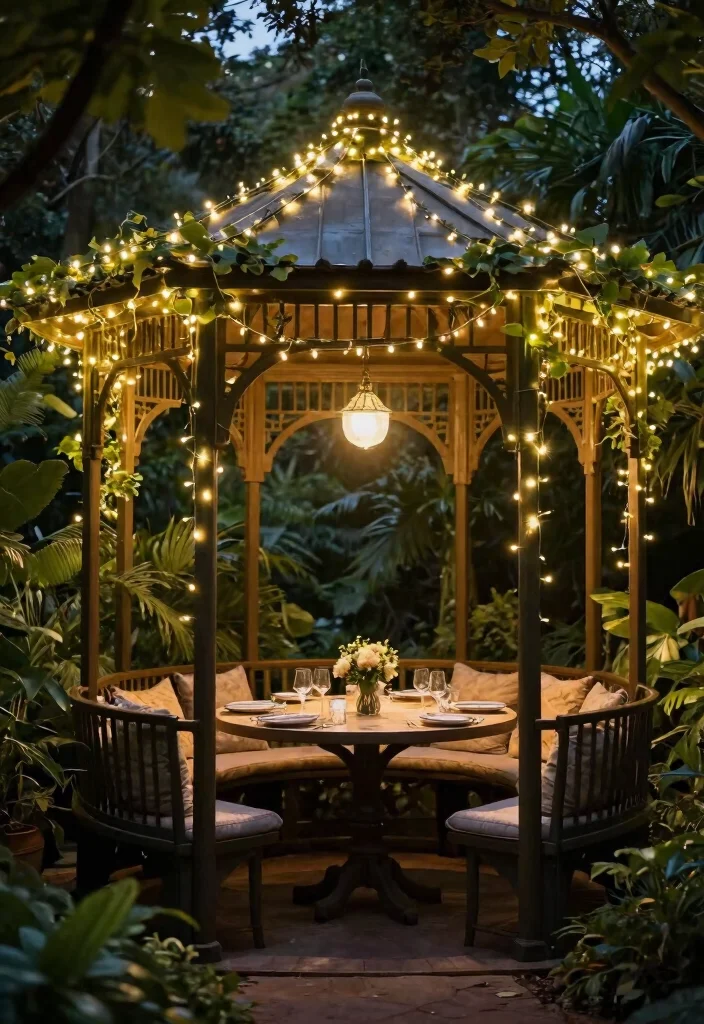 9 Elegant Gazebo Dining Inspirations for Alfresco Meals 35 9 Elegant Gazebo Dining Inspirations for Alfresco Meals 5. Enchanted Garden with Fairy Lights 0