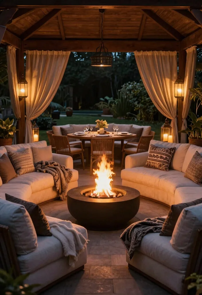 9 Elegant Gazebo Dining Inspirations for Alfresco Meals 48 9 Elegant Gazebo Dining Inspirations for Alfresco Meals 8. Luxurious Lounge Setting with Fire Pit Dining 0