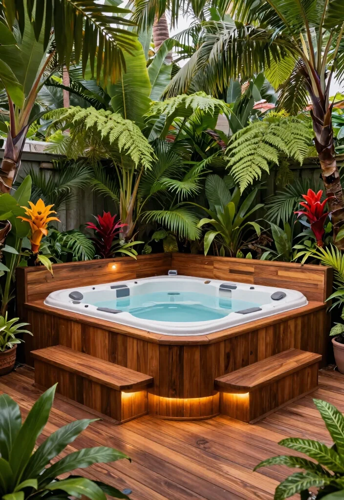 9 Lush Hot Tub Landscaping Concepts for a Secret Sanctuary 6. Tropical Decking 0
