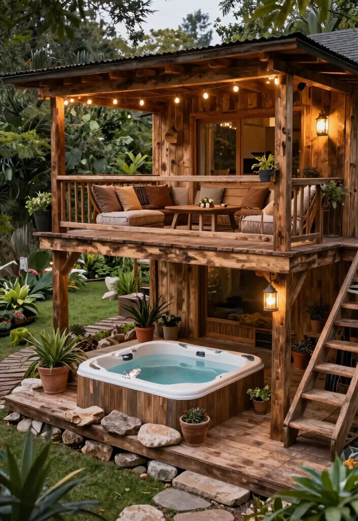 9 Stunning 2 Level Deck Ideas with Integrated Hot Tub 2 9 Stunning 2 Level Deck Ideas with Integrated Hot Tub 2. Rustic Charm Wooden Deck with Hot Tub 0
