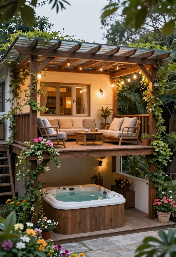 9 Stunning 2 Level Deck Ideas with Integrated Hot Tub 25 9 Stunning 2 Level Deck Ideas with Integrated Hot Tub 5. Cozy Cottage Vibe Deck with Pergola 0