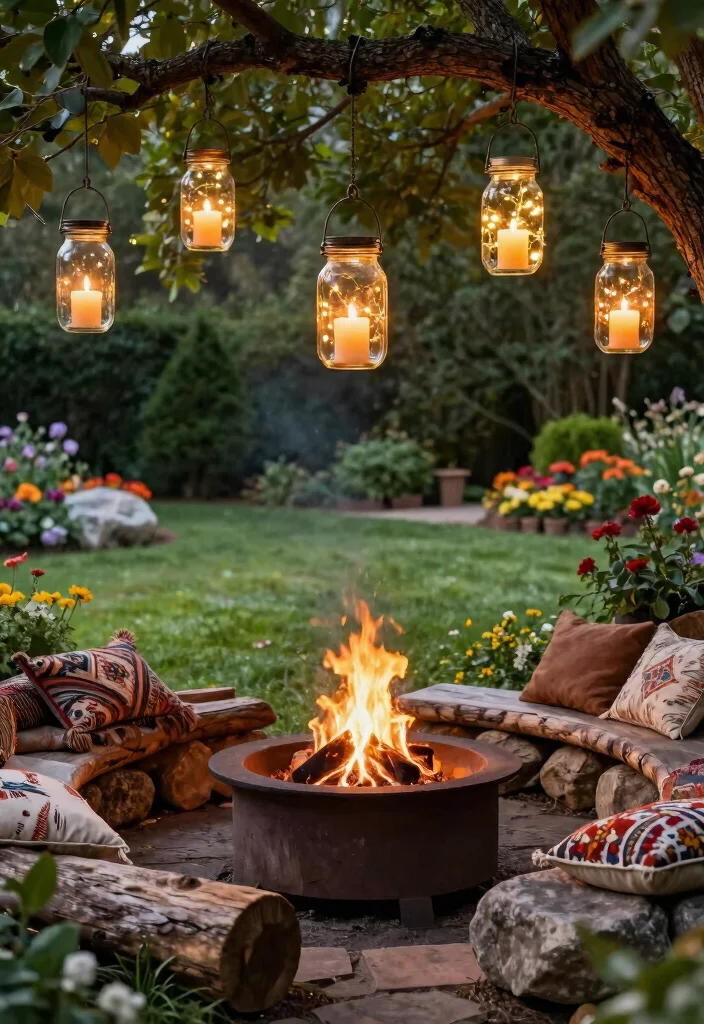9 Timeless Rustic Fire Pit Ideas for a Farmhouse Backyard 6. Mason Jar Lanterns Around the Fire Pit 0