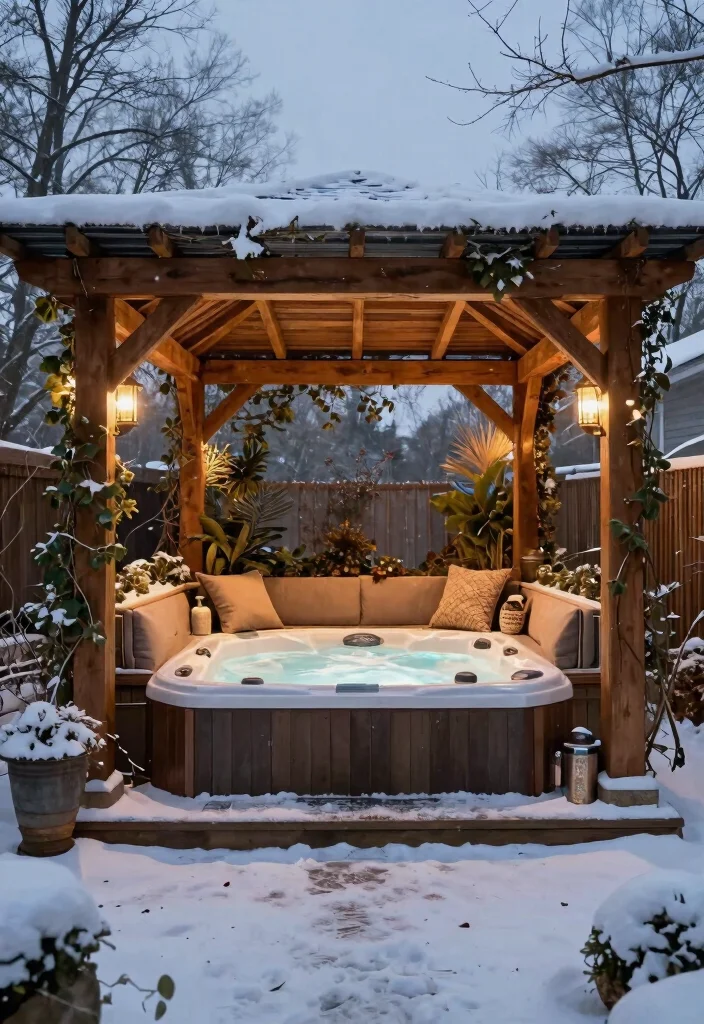 9 Warm Hot Tub Enclosure Ideas to Beat the Cold 9. Elegant Pergola with Heated Flooring 0