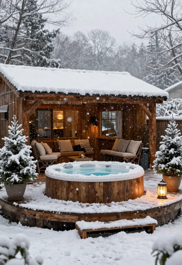 9 Warm Winter Hot Tub Ideas for Soaking in the Snow 2. Rustic Wooden Deck 0