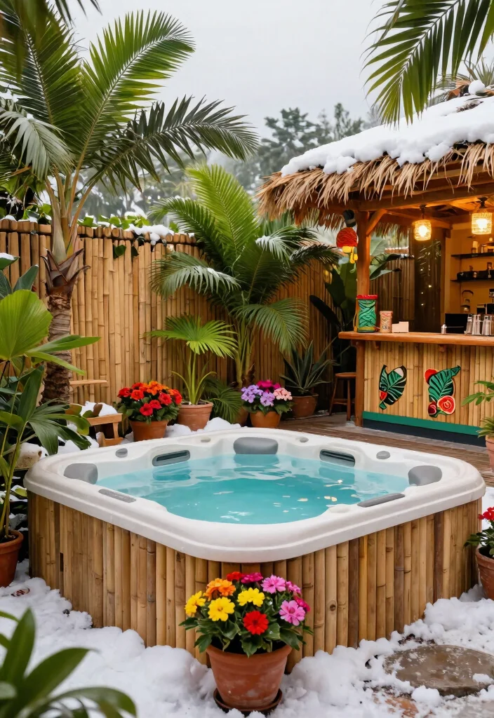 9 Warm Winter Hot Tub Ideas for Soaking in the Snow 3. Tropical Oasis in Winter 0